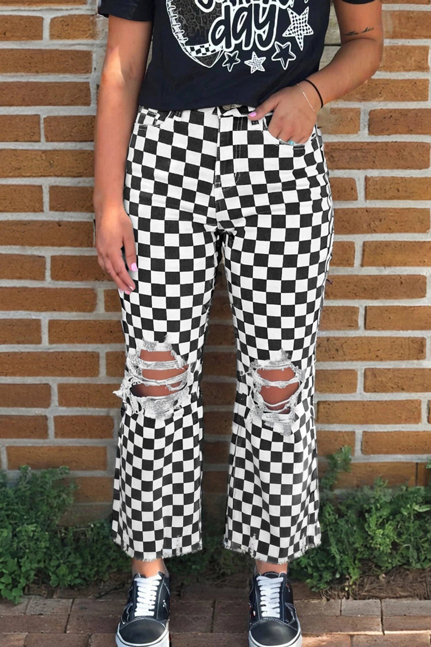 Checker Distressed Cropped Jeans