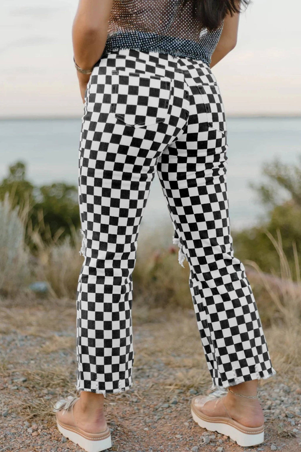 Checker Distressed Cropped Jeans